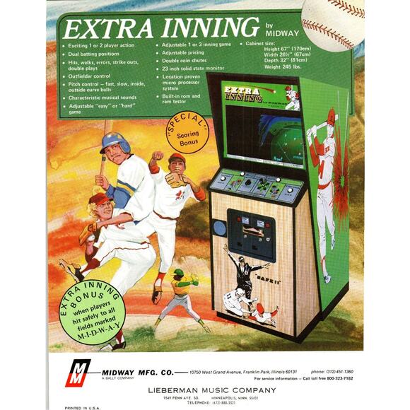 1970s Midway Extra Inning Baseball Arcade Game Flyer Vintage Ephemera - Picture 1 of 2
